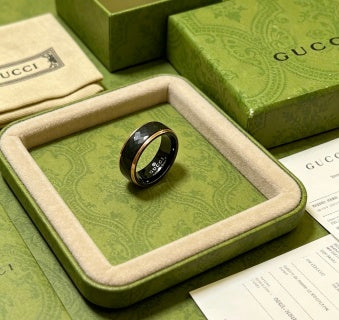 Gucci GG Interlocking Black Enamel Silver Band Ring