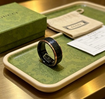 Gucci GG Interlocking Black Enamel Silver Band Ring