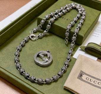 Gucci GG Medallion Beaded Silver Chain Necklace
