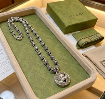 Gucci GG Medallion Beaded Silver Chain Necklace