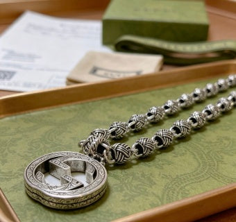 Gucci GG Medallion Beaded Silver Chain Necklace