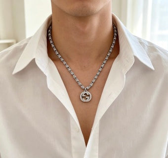 Gucci GG Medallion Beaded Silver Chain Necklace