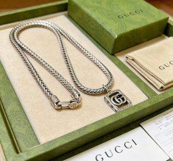 Gucci GG Monogram Shield Pendant Silver Chain Necklace