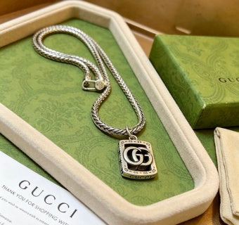 Gucci GG Monogram Shield Pendant Silver Chain Necklace