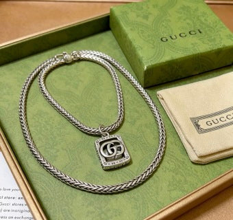 Gucci GG Monogram Shield Pendant Silver Chain Necklace