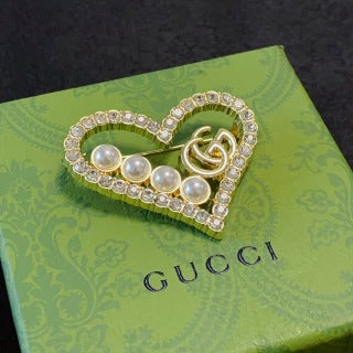 Gucci GG Heart Pearl Crystal Brooch
