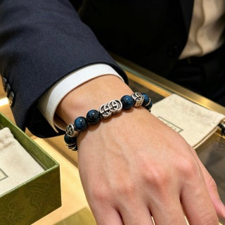 Gucci GG Blue Onyx Bead Silver Accent Bracelet