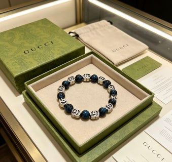 Gucci GG Blue Onyx Bead Silver Accent Bracelet