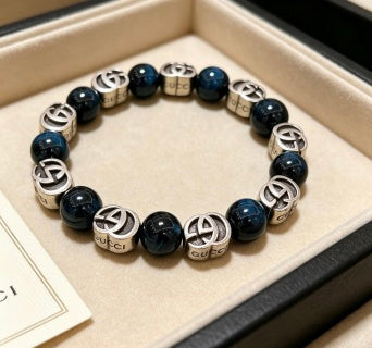 Gucci GG Blue Onyx Bead Silver Accent Bracelet