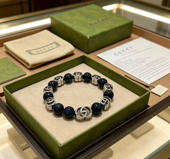 Gucci GG Blue Onyx Bead Silver Accent Bracelet