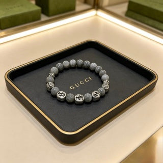 Gucci GG Grey Bead Silver Accent Stretch Bracelet