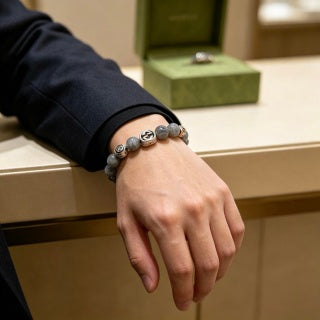 Gucci GG Grey Bead Silver Accent Stretch Bracelet