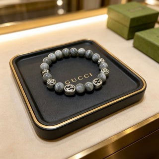 Gucci GG Grey Bead Silver Accent Stretch Bracelet