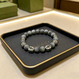 Gucci GG Grey Bead Silver Accent Stretch Bracelet