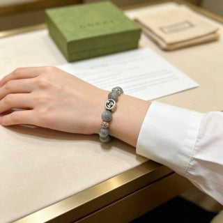 Gucci GG Grey Bead Silver Accent Stretch Bracelet