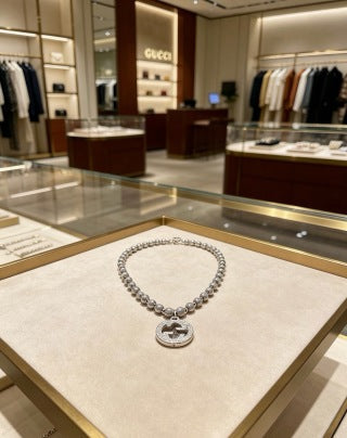 Gucci GG Pavé Bead Link Silver Statement Necklace
