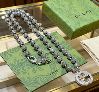 Gucci GG Pavé Bead Link Silver Statement Necklace