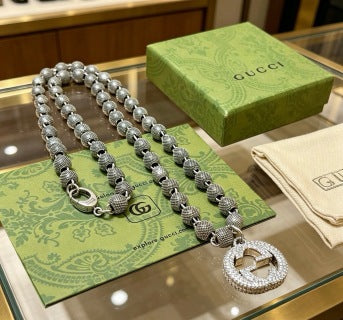 Gucci GG Pavé Bead Link Silver Statement Necklace