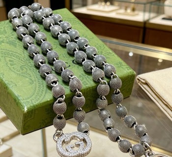 Gucci GG Pavé Bead Link Silver Statement Necklace