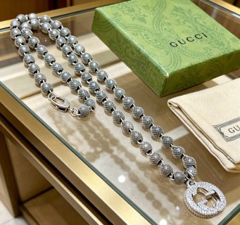 Gucci GG Pavé Bead Link Silver Statement Necklace