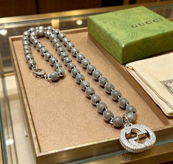 Gucci GG Pavé Bead Link Silver Statement Necklace