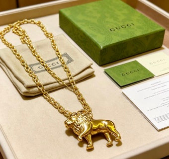 Gucci GG Lion Head Pendant Gold Chain Necklace