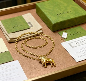 Gucci GG Lion Head Pendant Gold Chain Necklace