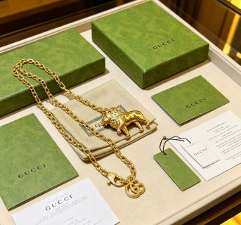 Gucci GG Lion Head Pendant Gold Chain Necklace