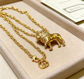 Gucci GG Lion Head Pendant Gold Chain Necklace