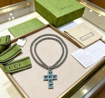 Gucci GG Geometric Cross Pendant Silver Chain Necklace