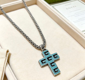Gucci GG Geometric Cross Pendant Silver Chain Necklace