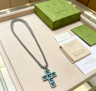 Gucci GG Geometric Cross Pendant Silver Chain Necklace
