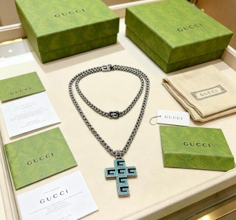 Gucci GG Geometric Cross Pendant Silver Chain Necklace
