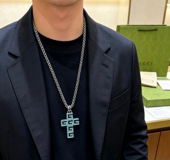 Gucci GG Geometric Cross Pendant Silver Chain Necklace