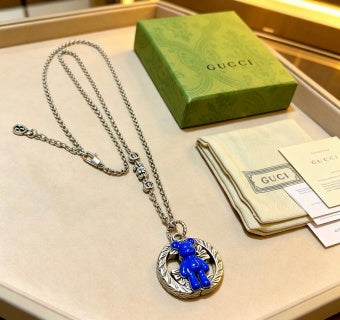 Gucci GG Blue Bear Charm Silver Pendant Necklace