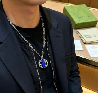 Gucci GG Blue Bear Charm Silver Pendant Necklace
