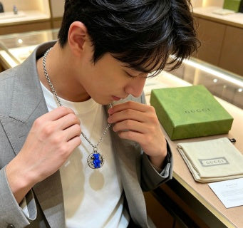 Gucci GG Blue Bear Charm Silver Pendant Necklace