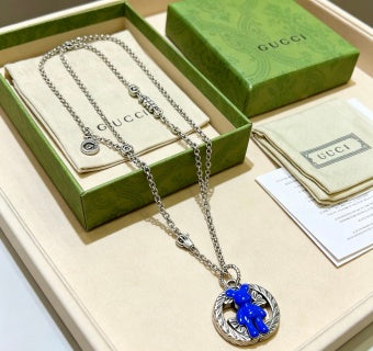 Gucci GG Blue Bear Charm Silver Pendant Necklace