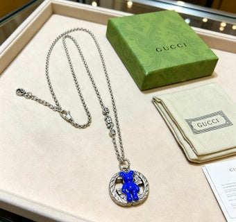 Gucci GG Blue Bear Charm Silver Pendant Necklace