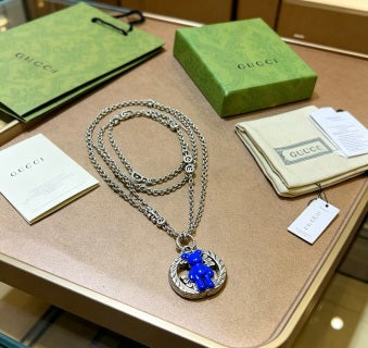 Gucci GG Blue Bear Charm Silver Pendant Necklace