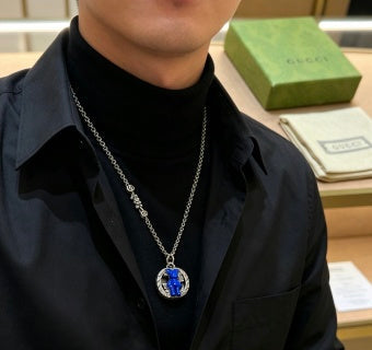 Gucci GG Blue Bear Charm Silver Pendant Necklace