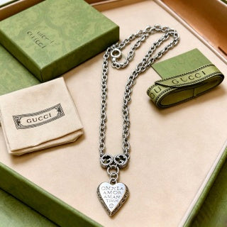 Gucci GG Heart Drop Pendant Silver Chain Necklace