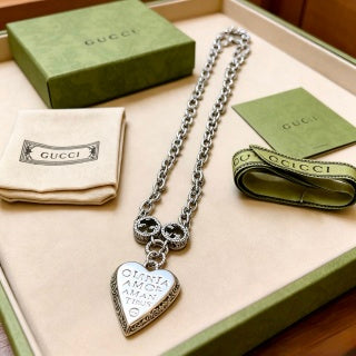 Gucci GG Heart Drop Pendant Silver Chain Necklace