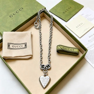 Gucci GG Heart Drop Pendant Silver Chain Necklace