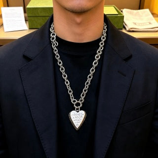 Gucci GG Heart Drop Pendant Silver Chain Necklace
