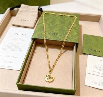 Gucci GG Logo Drop Pendant Gold Chain Necklace