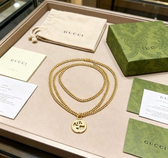 Gucci GG Logo Drop Pendant Gold Chain Necklace