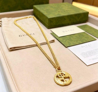 Gucci GG Logo Drop Pendant Gold Chain Necklace