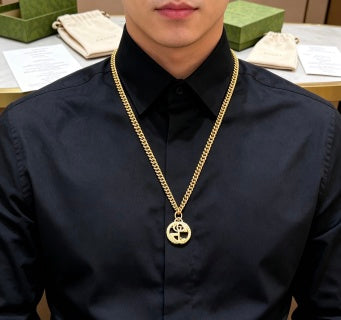 Gucci GG Logo Drop Pendant Gold Chain Necklace