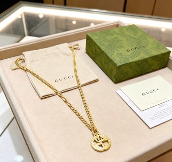 Gucci GG Logo Drop Pendant Gold Chain Necklace